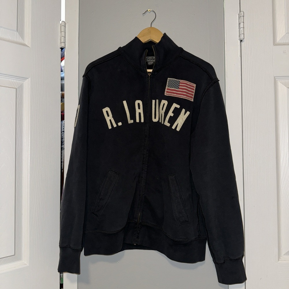 Vintage Polo Ralph Lauren USA Flag Full Zip Pullover Fleece Sweatshirt Blue Sz M